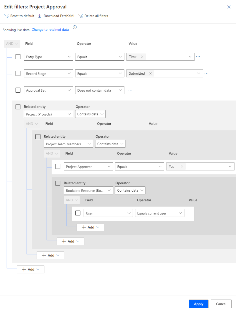 Dynamics 365 Project Operations project approval form with updated filter criteria.