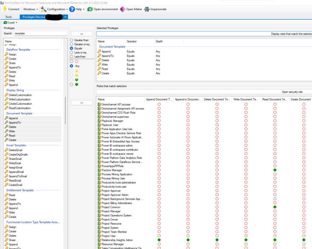 Screenshot from XRM Toolbox looking at the Privileges Discovery results to find the privilege for accessing document templates.