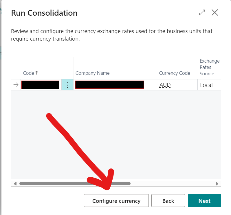 Screenshot showing the "configure currency" button on the "Run consolidation" form