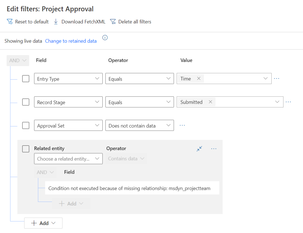 Dynamics 365 Project Operations project approvals filter dialog showing a broken relationship.