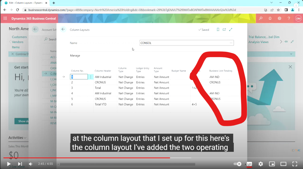 A screenshot of the speakers video showing the "Business unit totaling" field in the Column definition of Business Central Financial Reporting