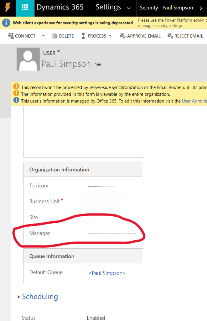 Screenshot showing where the manager field is stored on the user record in Dynamics 365 Project Operations