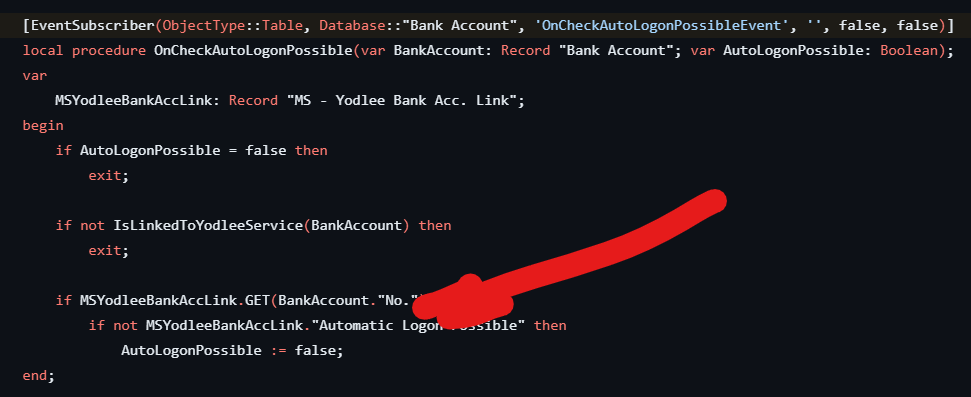 Screenshot of AL code showing where the bank account is evaluated to see if automatic statement import is possible.