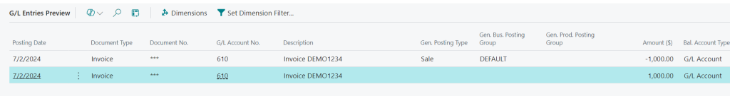 The Business Central G/L Entries Preview form showing net zero activity when posting open AR.