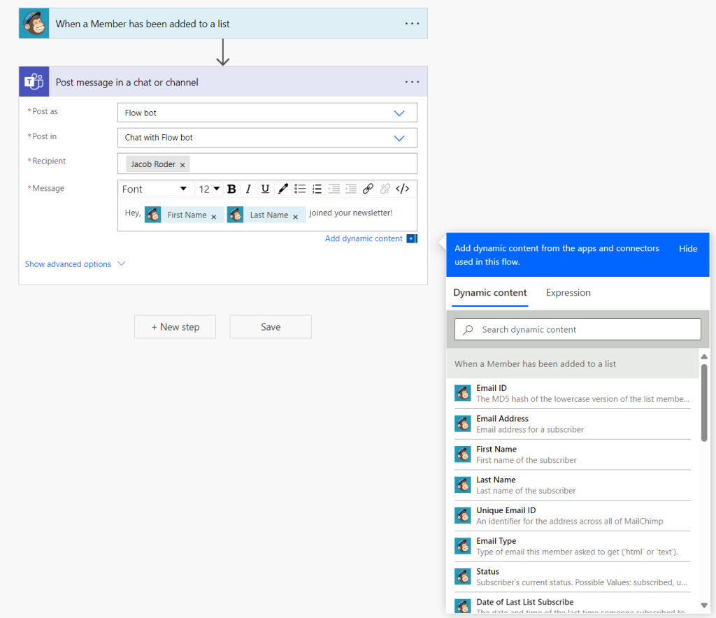 Simple Mailchimp to Microsoft Teams Power Automate flow