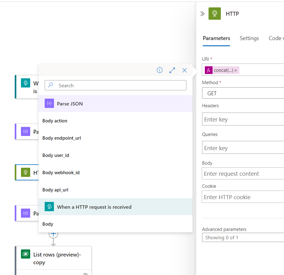 The Parse JSON action turning the outputs of the Request trigger into a more useful format.