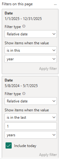 Adding both a is in this year and is in the last 1 year filter to return YTD results in a table in Power BI.
