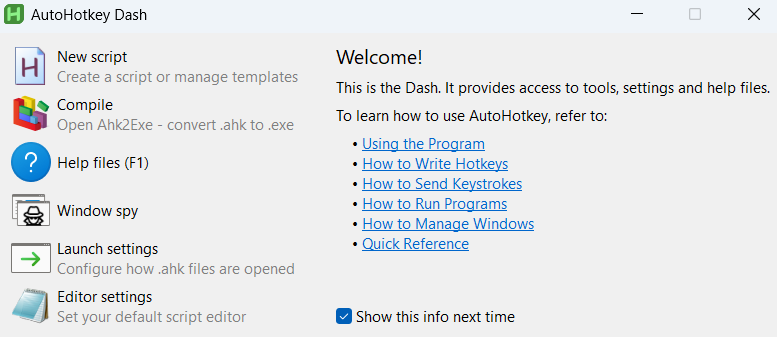 Screenshot showing the AutoHotKey Dash form.