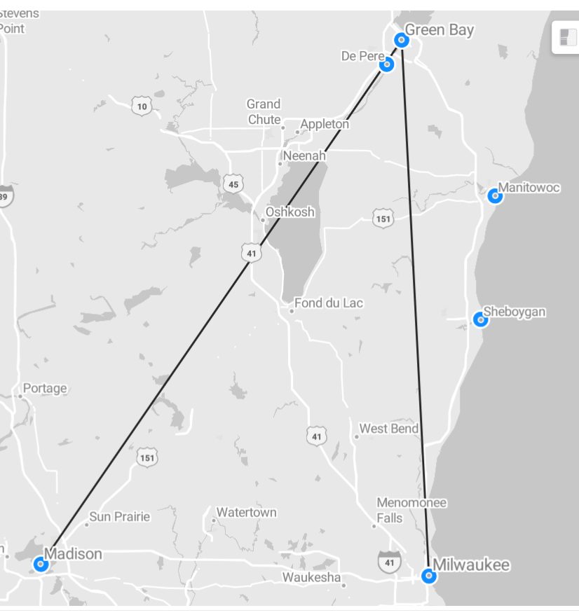 Screenshot showing an Azure map in Power BI with paths between three cities and individual points for 3 other cities.