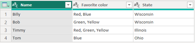 Screenshot of a three-column table with columns for name, favorite color, and state.