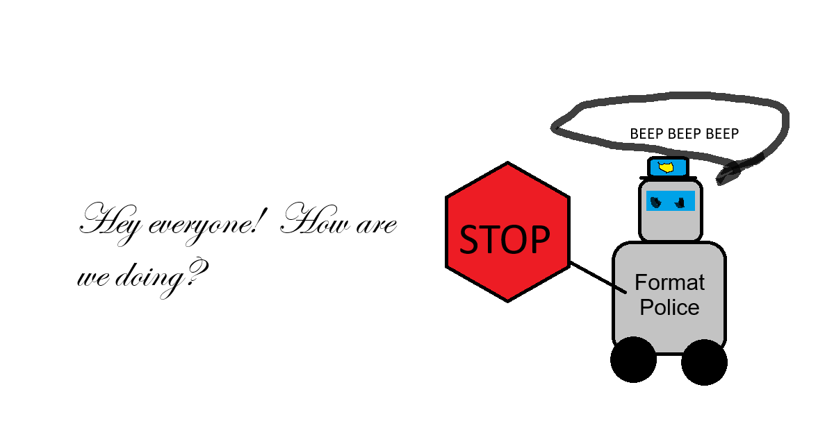 Robot Format Police holding a stop sign to enforce document brand consistency