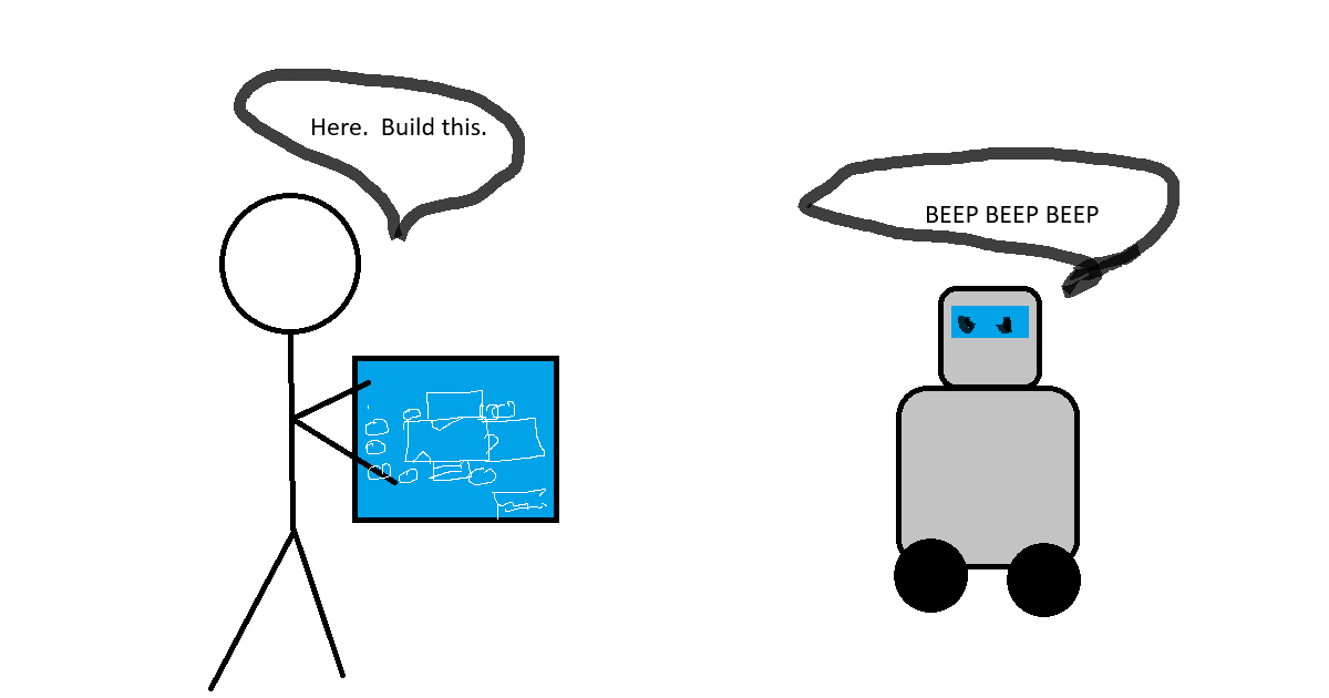 Stick figure handling a blueprint to a robot, who responds with "BEEP BEEP BEEP".