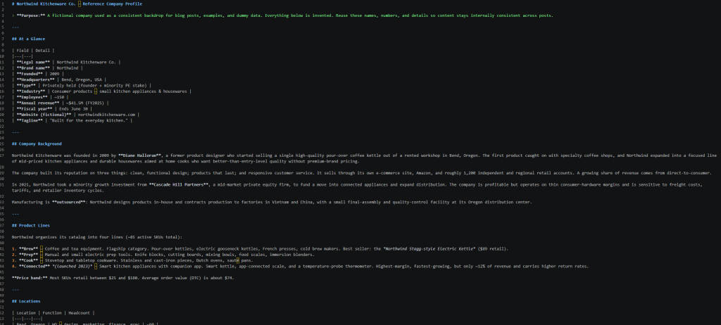 The fictional-company-profile.md file open in a text editor, showing the Northwind Kitchenware Co. reference profile with sections for company overview, background story, and product lines including Brew, Prep, Cook, and Connected.