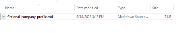 Windows File Explorer showing fictional-company-profile.md saved in the project folder.