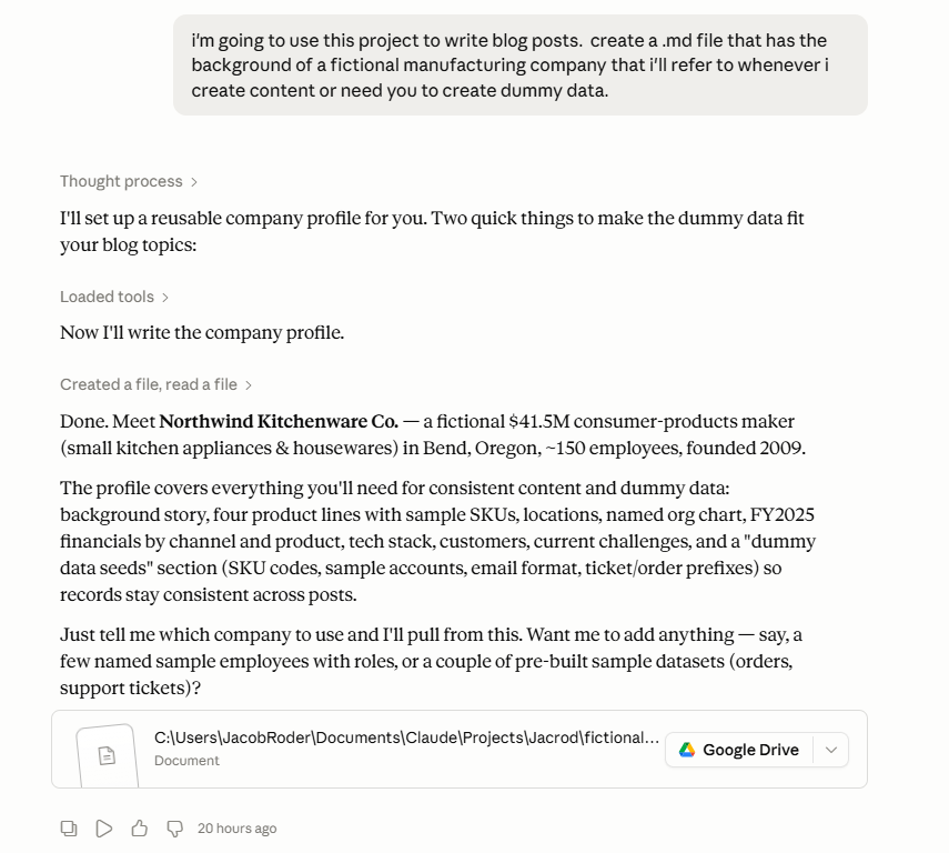 Claude Cowork chat showing a user prompt asking for a fictional manufacturing company background file, with Claude's response introducing Northwind Kitchenware Co. - a fictional $41.5M consumer-products company in Bend, Oregon with ~150 employees, founded in 2009.