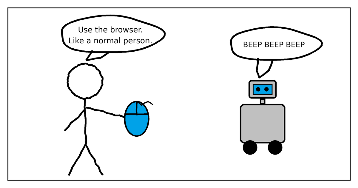 Stick figure hands a computer mouse to a robot instead of server access
